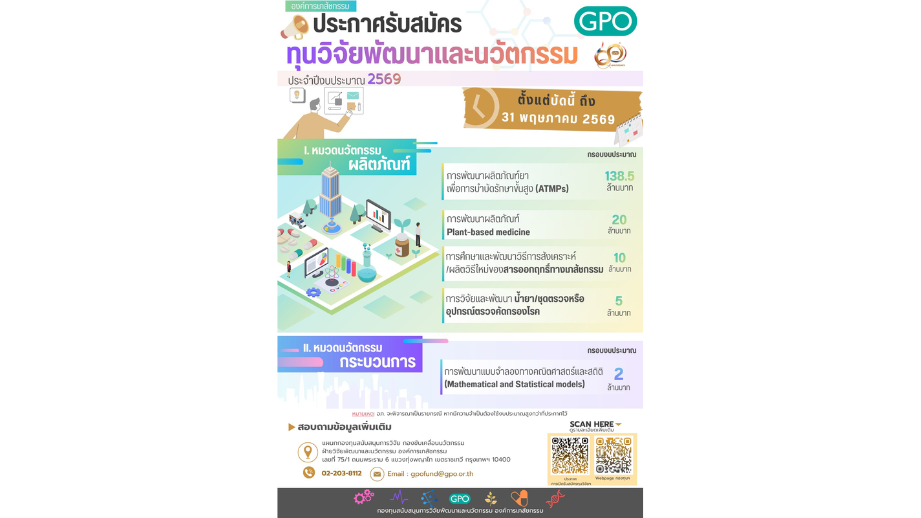 GPO ประกาศรับสมัครทุนวิจัยพัฒนาและนวัตกรรม ประจำปี 2569